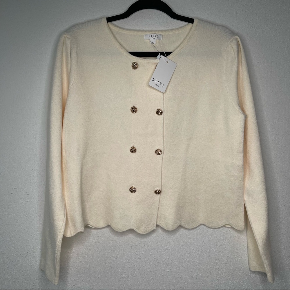 NWT Kilky Paris Cream Double Breasted Cardigan Scallop Edge Wool Blend Medium
